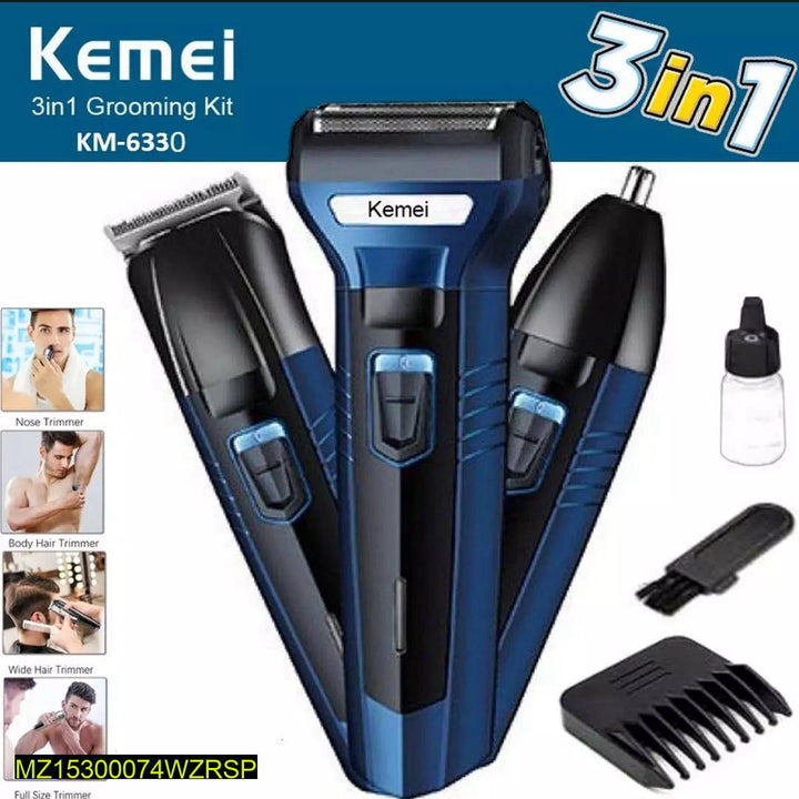 Kemei 3-in-1 Trimmer Kit – Rechargeable Beard, Hair &amp; Nose Grooming Set for Men