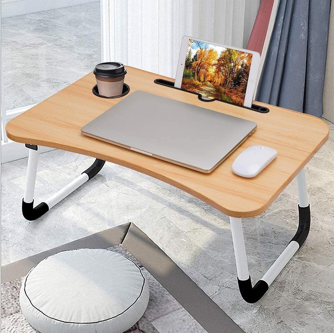 Portable Wooden Laptop Table – Foldable Bed Desk with Cup &amp; Tablet Holder
