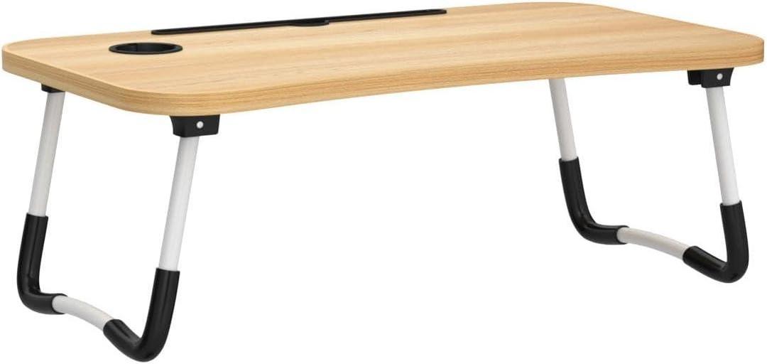 Portable Wooden Laptop Table – Foldable Bed Desk with Cup &amp; Tablet Holder