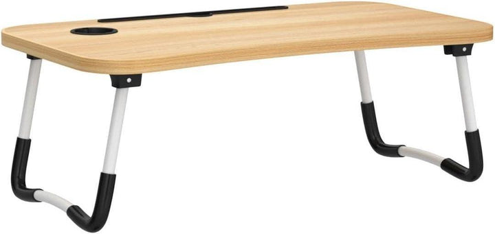 Portable Wooden Laptop Table – Foldable Bed Desk with Cup &amp; Tablet Holder