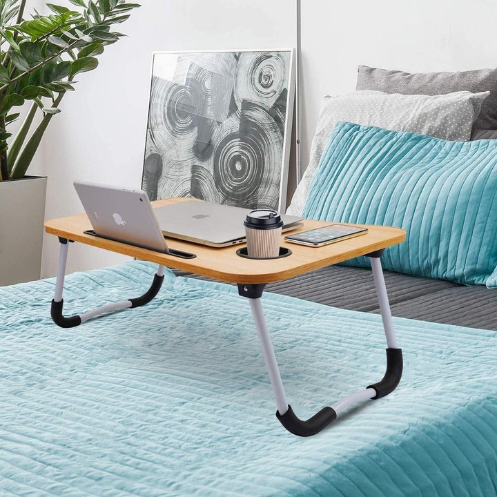 Portable Wooden Laptop Table – Foldable Bed Desk with Cup &amp; Tablet Holder