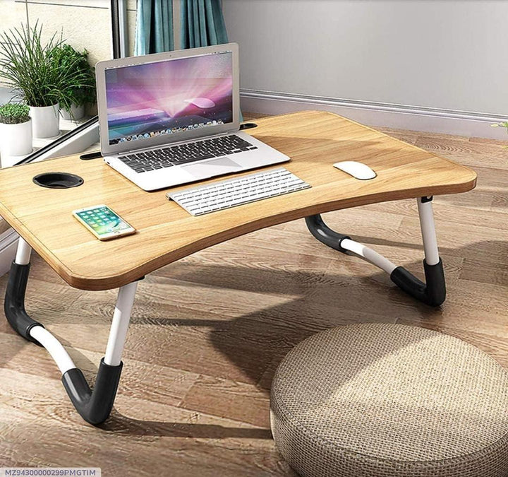 Portable Wooden Laptop Table – Foldable Bed Desk with Cup &amp; Tablet Holder